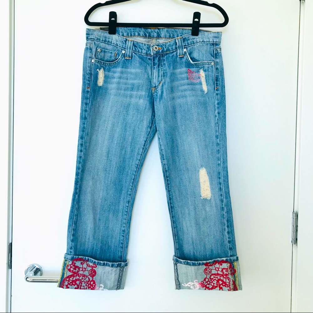 Fun and Unique Denim jeans rolled cuff Red accents